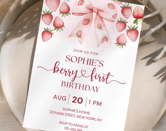 Berry First Birthday Invitation Template, Strawberry 1st Birthday Invite, Girls 1st Birthday Invitation, Strawberry 1st Birthday Invite