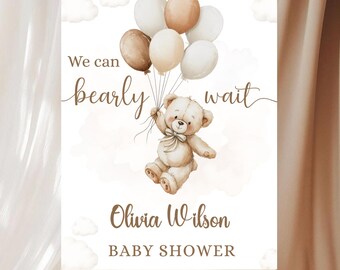 Teddy Bear Baby Shower Welcome Sign, Baby Shower Sign Hot Air Balloon Bear Theme Personalized Sign Welcome Party Sign T102