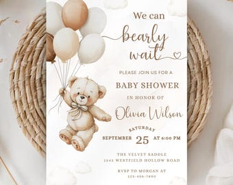 Teddy Bear Baby Shower Invitation Template, Bear Balloon Invitation, Bearly Wait Baby Shower, Boho Bear Baby Shower Gender Neutral T102