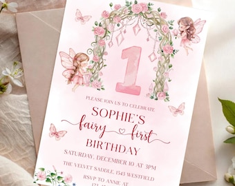 Fairy First Birthday Invitation Girl, Fairy 1st Birthday Invite, Girl 1st Birthday Invitation, Enchanted Garden Fairy Birthday