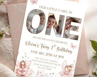 Fairy First Birthday Invitation Girl 1st Birthday Invitation Photo Birthday Invite 1 st Birthday Girl Whimsical Fairy Theme Digital Template