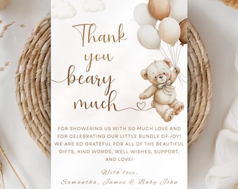 Teddy Bear Baby Shower Thank You Card | We Can Bearly Wait | Gender Neutral Grandmillennial Baby Shower Decor | Instant Download T102