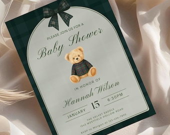 Polo Teddy Baby Shower Editable Invitation,  Gender Neutral Classic Vintage, Plaid Elegant Baby Shower Invite, Digital Shower Template