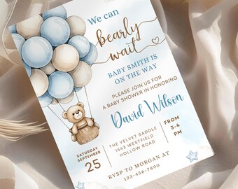 We Can Bearly Wait Baby Shower Editable Invitation Edit Pale Blue Balloons Teddy Bear Theme Boy Shower Invite Boho Digital Download Invited