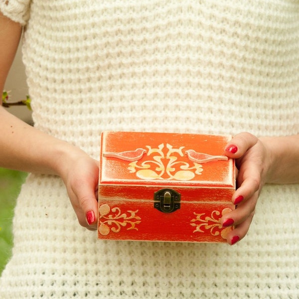 Tangerine Jewelry Box, Orange Decorated Jewellery Box, Wooden Art Trinket Box