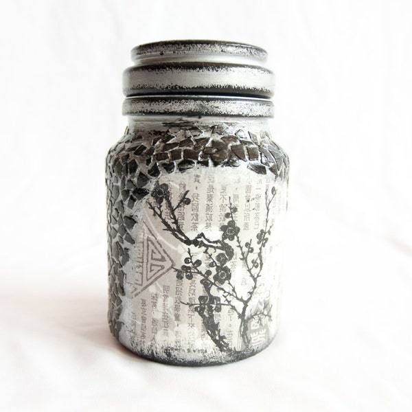 RESERVED for ccbeachglass - Decoupage Jar Painted in Black & Silver, Perfect Detail for Home Decor.