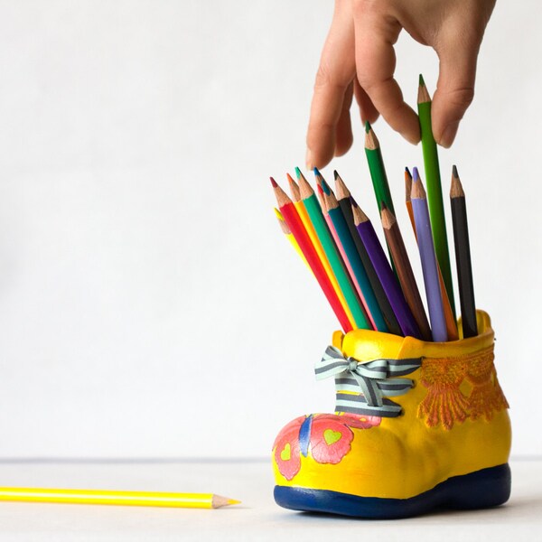 Colorful Boot Desk Accessory, Ceramic Pencil Holder, Yellow Shoe, Kids Children room decor, Home Office, Back to School