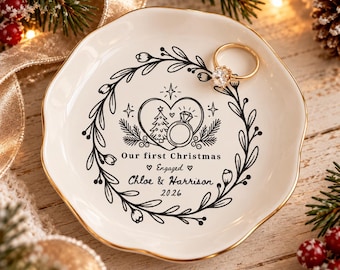 Personalized First Christmas Engaged Ring Dish, Custom Engagement Trinket Tray, Christmas Gift for Fiancée, Bride to Be Jewelry Dish