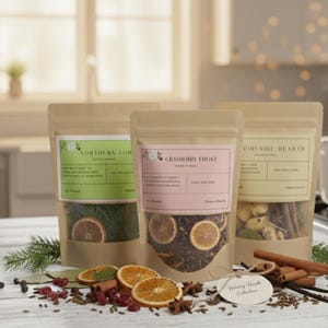 Puede incluir: Tres bolsas de papel kraft de té de hojas sueltas con ventanas transparentes, etiquetadas como "Northern For", "Cranberry Frost" y "Fire Side Hearth". Rodajas de naranja secas, palitos de canela y anís estrellado están esparcidos alrededor de las bolsas. Una etiqueta dice "Holiday Hearth Collection".