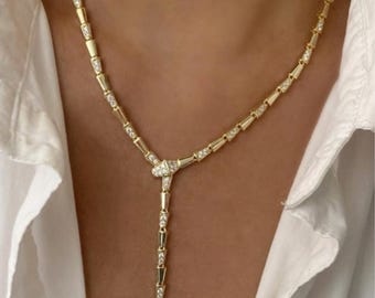 Collier sautoir serpent en vermeil, collier Y délicat, collier pendentif serpent, bijoux à superposer, cadeau pour elle
