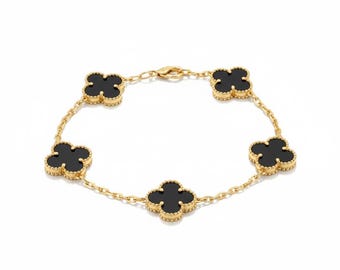 Black Clover Bracelet, 18K Gold Clover Bracelet, Lucky Charm Bracelet, Everyday Jewelry, Gift for Her
