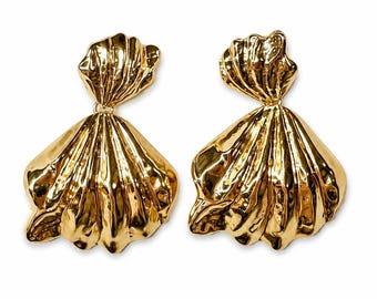 Large Gold Statement Shell Earrings, Gold Plated Brass Seashell Earrings, Bold Coastal Jewelry, Beach Vacation Earrings for Women