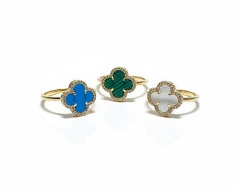 Clover Ring, 925 Sterling Silver Ring with Mother of Pearl, Turquoise or Emerald Clover, Pavé CZ Border, Gift for Her