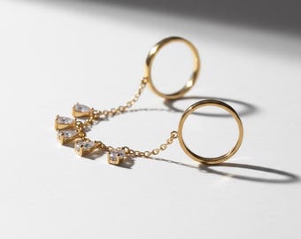 Double Chain Ring, Linked Brass Rings with Pear CZ Drops, Statement Ring, Gold Chain Ring for Women