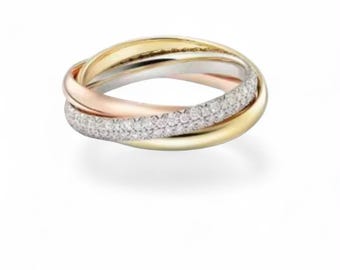 Bague tricolore entrelacée en argent sterling 925 | Or rose, or blanc, or jaune et zircon cubique | Bague empilable trois tons | Bijou en précommande