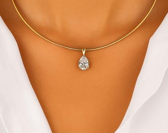 3ct Pear Lab Diamond Pendant – 14K Gold Omega Chain Necklace