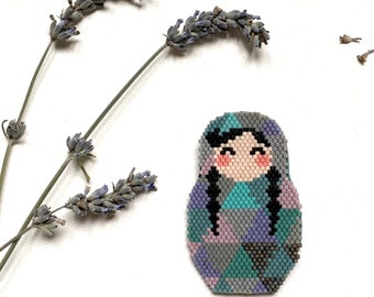 Lovely Beadwoven Brooch  Matrioshka with Two Braids Miyuki Delica Graphic Collection