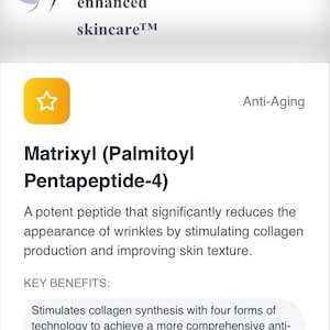 Peut inclure: Page web pour u. b. YOU, soins de la peau am&eacute;lior&eacute;s, avec le logo d'un profil de femme dans un cercle violet. La page met en &eacute;vidence Matrixyl (Palmitoyl Pentapeptide-4) pour l'anti-&acirc;ge, avec les principaux avantages.
