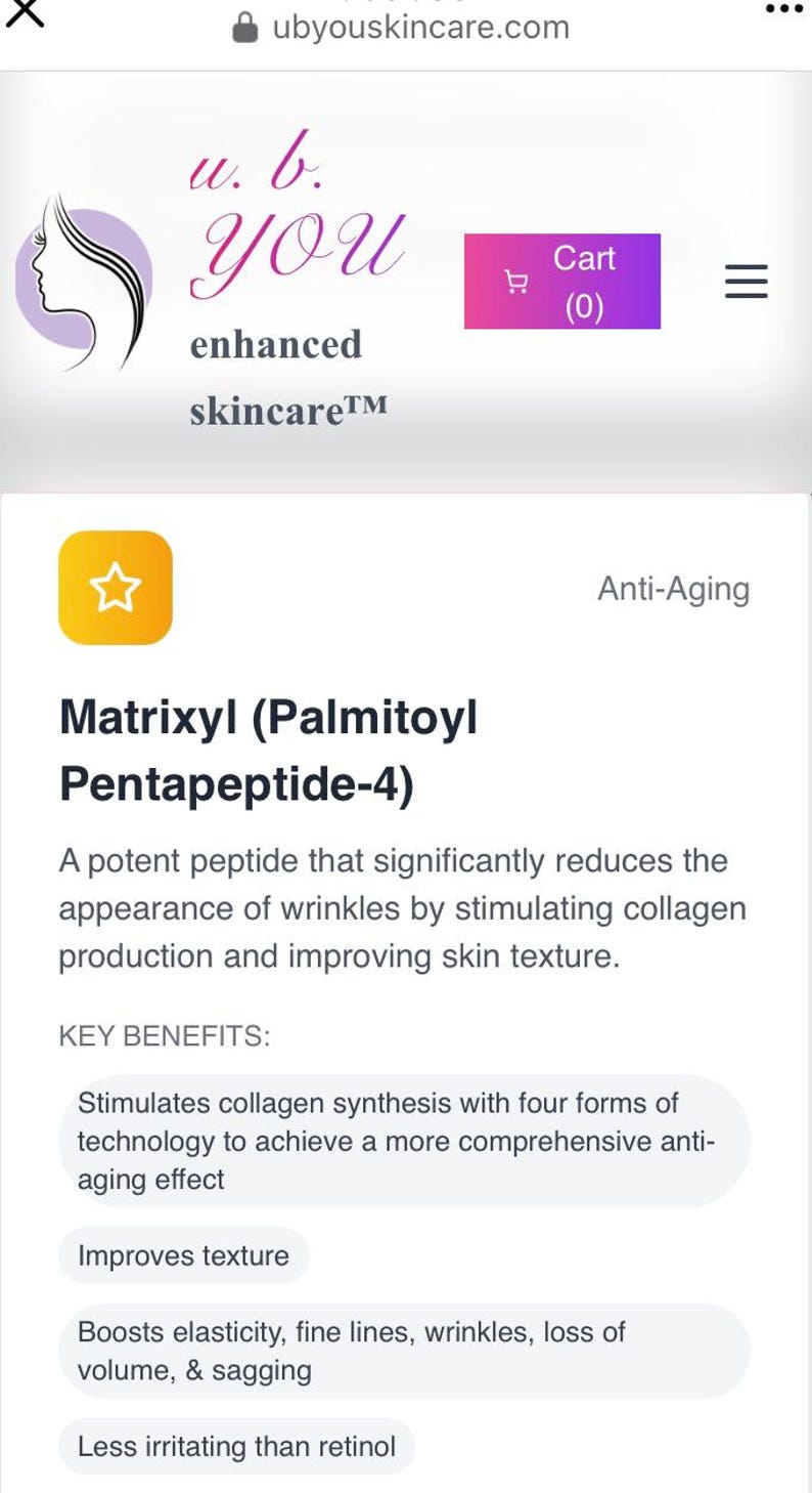 Peut inclure: Page web pour u. b. YOU, soins de la peau am&eacute;lior&eacute;s, avec le logo d'un profil de femme dans un cercle violet. La page met en &eacute;vidence Matrixyl (Palmitoyl Pentapeptide-4) pour l'anti-&acirc;ge, avec les principaux avantages.