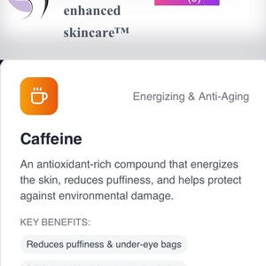 Peut inclure: Capture d'&eacute;cran du site web u. b. YOU enhanced skincare. Le logo pr&eacute;sente le profil d'une femme dans un cercle violet. La page d&eacute;taille les bienfaits de la caf&eacute;ine : r&eacute;duit les poches, illumine la peau, prot&egrave;ge des antioxydants, raffermit la peau et apaise les rougeurs.