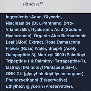 Peut inclure: Capture d'&eacute;cran de la page web ubyouskincare.com. Le logo pr&eacute;sente un visage stylis&eacute; et les mots "u. b. YOU enhanced skincare". La page affiche une liste d'ingr&eacute;dients de soins de la peau, tels que Aqua, Glyc&eacute;rine et Niacinamide.