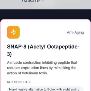 Peut inclure: Capture d'&eacute;cran du site web u. b. YOU enhanced skincare. La page affiche le logo, une ic&ocirc;ne de panier et une ic&ocirc;ne de menu. Des informations sur SNAP-8 (Acetyl Octapeptide-3) sont pr&eacute;sent&eacute;es, y compris ses bienfaits pour r&eacute;duire les rides.