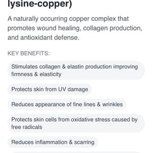 Peut inclure: Image pr&eacute;sentant une description de produit de soin de la peau. Le texte indique "GHK-CU (glycyl-histidyl-lysine-cuivre)" et d&eacute;crit ses bienfaits : cicatrisation, production de collag&egrave;ne et d&eacute;fense antioxydante. Avantages cl&eacute;s : fermet&eacute; am&eacute;lior&eacute;e, protection UV et r&eacute;duction des rides.