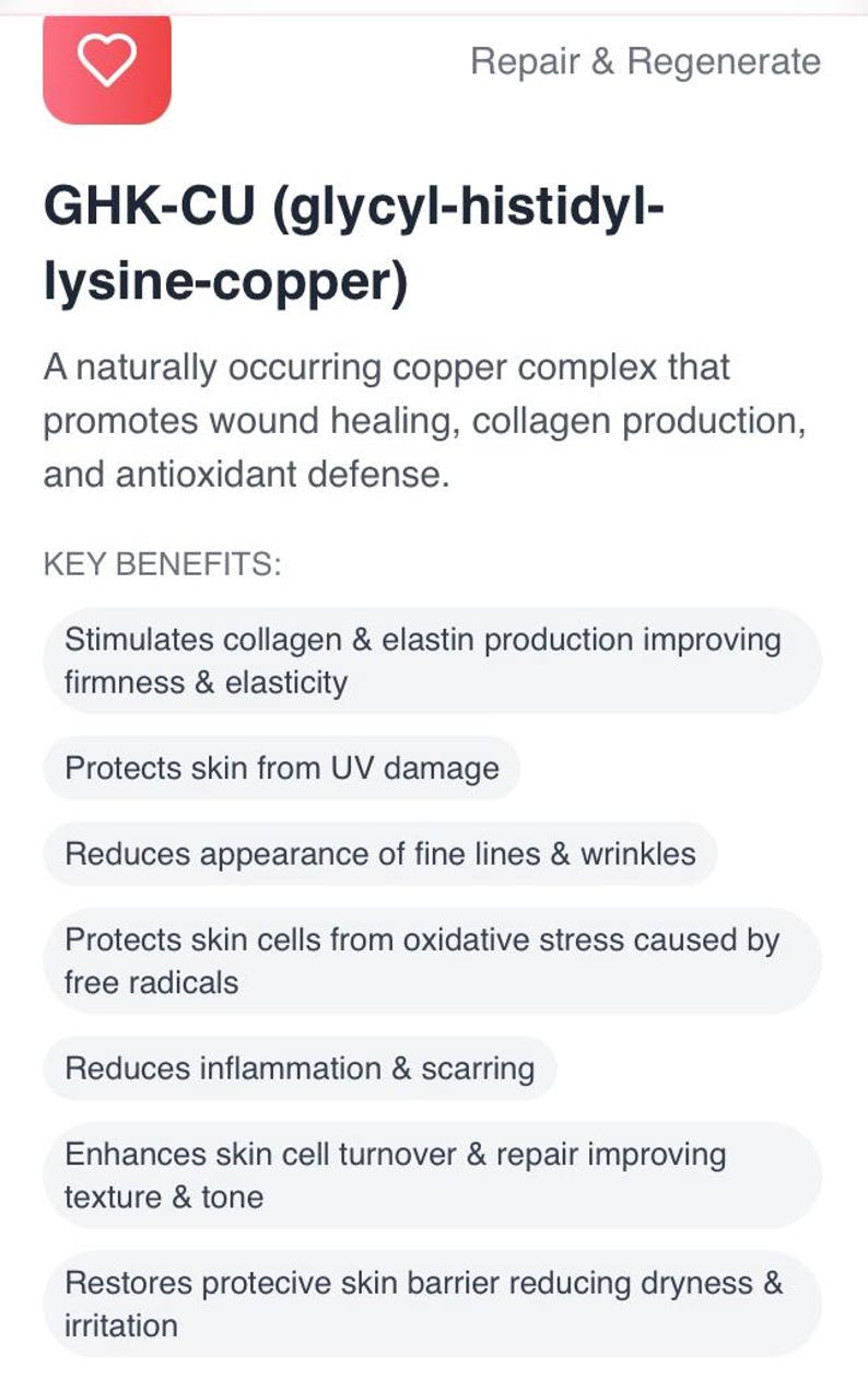 Peut inclure: Image pr&eacute;sentant une description de produit de soin de la peau. Le texte indique "GHK-CU (glycyl-histidyl-lysine-cuivre)" et d&eacute;crit ses bienfaits : cicatrisation, production de collag&egrave;ne et d&eacute;fense antioxydante. Avantages cl&eacute;s : fermet&eacute; am&eacute;lior&eacute;e, protection UV et r&eacute;duction des rides.