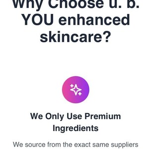 Peut inclure: Page web pour u. b. YOU enhanced skincare. Le logo pr&eacute;sente le profil d'une femme dans un cercle violet. La page demande &laquo; Pourquoi choisir u. b. YOU enhanced skincare ? &raquo; et indique qu'ils utilisent des ingr&eacute;dients de qualit&eacute;.