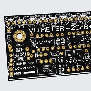 Op de afbeelding: Zwart printplaat met witte en gouden details. Tekst bevat "VU METER -20dB+3dB", "LM741" en "LM3916". Beschikt over talrijke componenten, waaronder LED's, weerstanden en condensatoren. Een technische tekening.