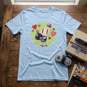 Bomber Love Graphic Tee | Retro Arcade Robot Apparel | Classic 8-Bit Gamer Gift
