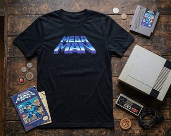 Mega Man Retro Logo Tee | 8-bit Blue Bomber Shirt | Classic Capcom Gaming Graphic