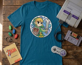 Hero of Time Stained Glass Tee | Retro Legend Graphic Top | Classic Questing Apparel
