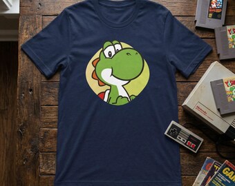 Yoshi Retro Kreis Grafik-T-Shirt | Dinosaurier Abzeichen | Super Mario inspiriert Shirt