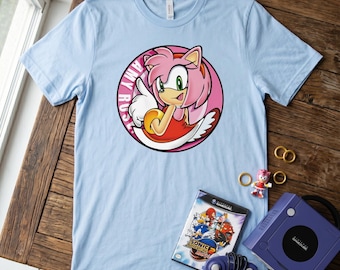 Amy Rose Retro Badge Tee | 90s Sega Genesis Shirt | 16-bit Pink Mascot Graphic