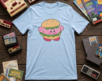Kirby Burger T-Shirt | Rosa Pusteblumen Traumland Bekleidung | Retro Gaming Shirt