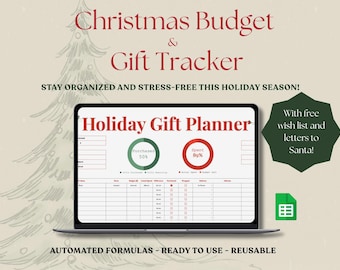 May include: A laptop displays a holiday gift planner with a Christmas theme. The screen shows a spreadsheet with sections for tracking purchases and spending. Text includes "Christmas Budget & Gift Tracker" and "Holiday Gift Planner."