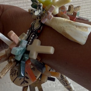 Ancient Paths - Handmade Stone Cross Bracelet, Dalmatian Jasper, Carved Bone, Earth Tones, Boho Jewelry