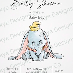 Dumbo Baby Shower Invitation Canva Template (Digital Template)