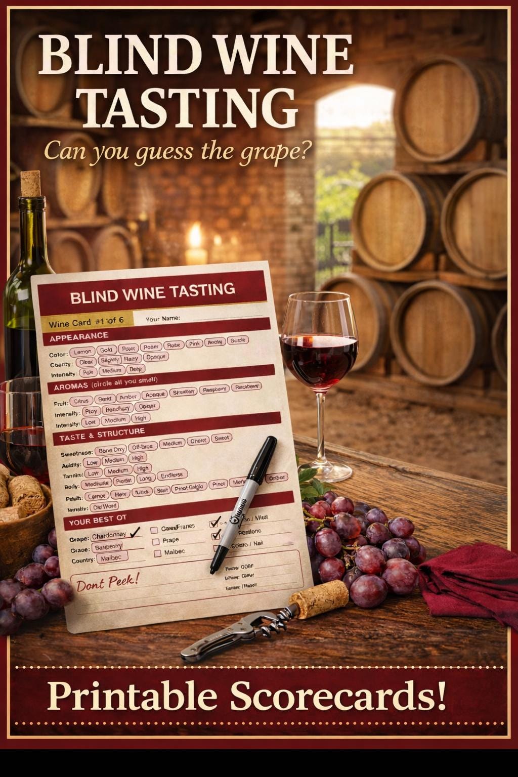 Stylish Blind Wine Tasting Scorecard | Wine Party Game | Sommelier ...