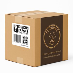 May include: A brown cardboard box with a white label displaying "FRAGILE HANDLE WITH CARE" and a barcode. The box features a dark brown panel with the "FLORINIA" logo and the text "inspiring greener spaces" and website address.