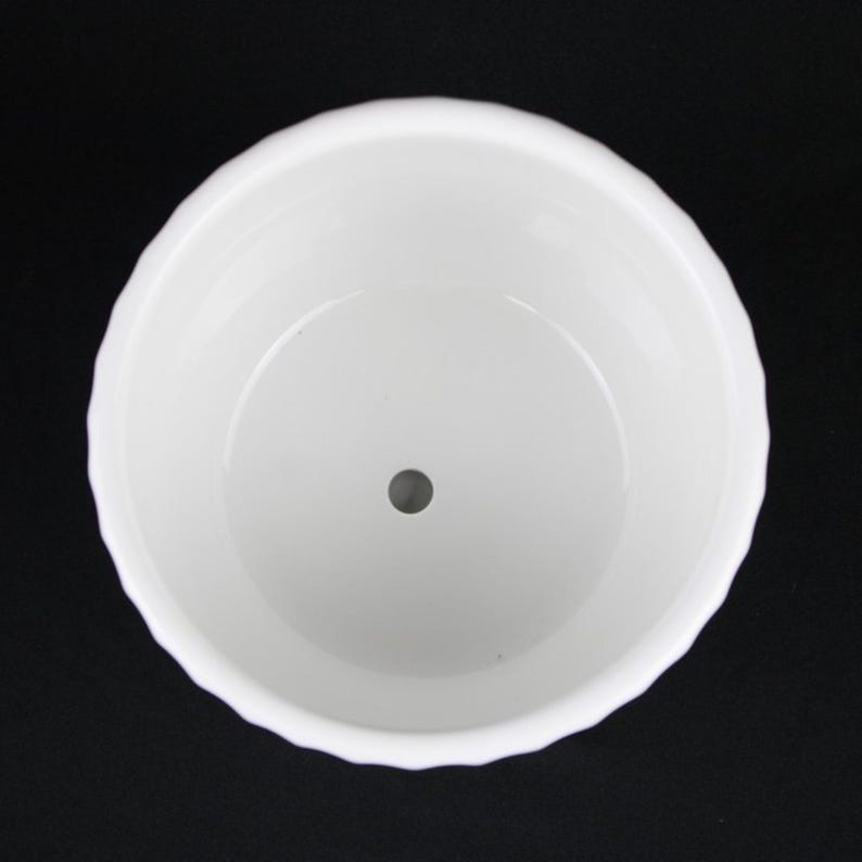 May include: A white ceramic planter with a scalloped rim. The interior is smooth and the bottom has a drainage hole. The planter is set against a black background.