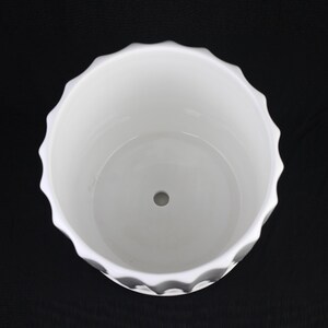 May include: A white ceramic planter with a scalloped rim. The interior is smooth and the bottom has a drainage hole. The planter is designed for indoor or outdoor use and is suitable for various plants.
