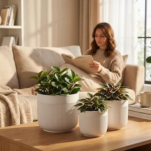 3-Piece White Stoneware Planter Pot Set with Vertical Line Texture