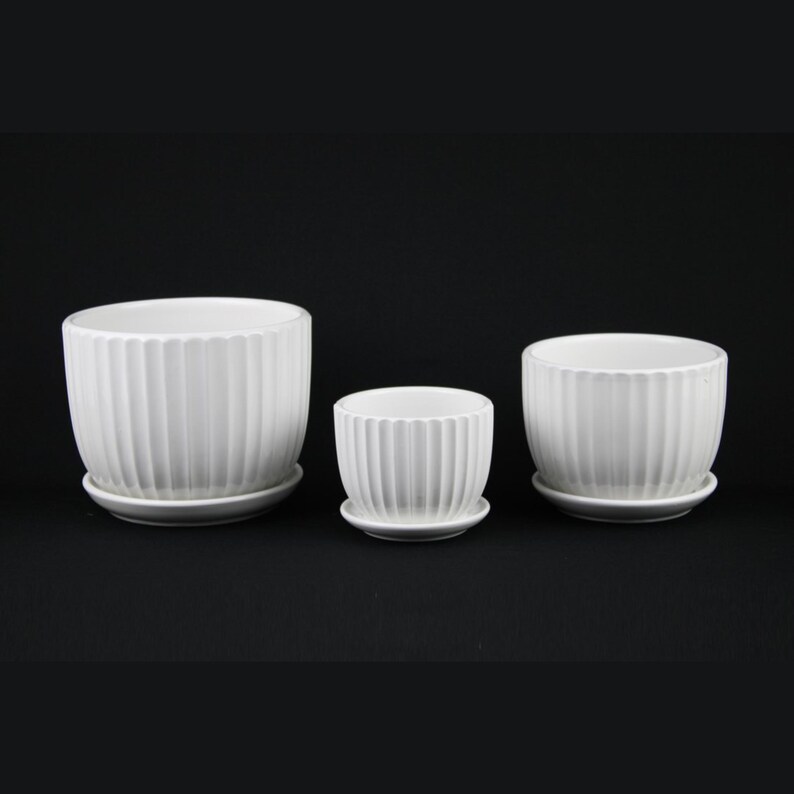 May include: Three white ceramic planters of varying sizes, each with vertical ribbed detailing and a matching saucer. The planters are arranged on a black background, showcasing their clean, modern design. Perfect for indoor or outdoor plants.