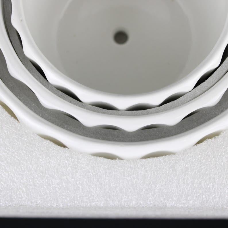 May include: Close-up of a white ceramic planter with a scalloped rim. The planter has a drainage hole at the bottom and is surrounded by protective gray foam. The design is simple and modern, suitable for various plants.