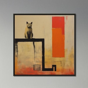 Modern Abstract Cat Canvas Print, Feline Perspective Framed Wall Art, Geometric Orange Black Red Decor for Contemporary Homes, Matte