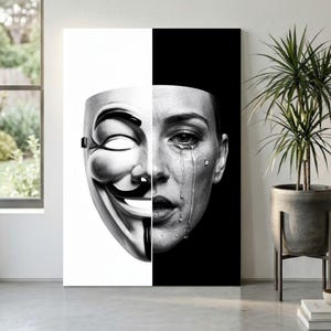 May include: Black and white split canvas art featuring the iconic Guy Fawkes mask on the left and a woman's face with tears on the right. The mask is set against a white background, while the woman's face is against a black background.