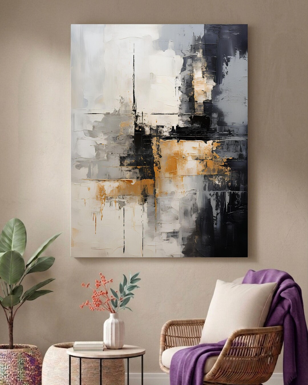 Textured Gold and Grey Abstract Canvas Art | Wabi Sabi Industrial Wall ...