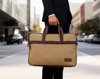Bruine canvas messengertas met leren basis | Dagelijkse crossbody